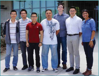 Founders of the ECS UCSD Student Chapter 2014 From left: Jiajia Huang, Haodong Liu, Ryan Lu, Han Nguyen, Jeremy Rosenfeld, Jimmy Mac and Judith Alvarado in front of the Structural and Materials Engineering building of the UC San Diego Jacobs School of Engineering